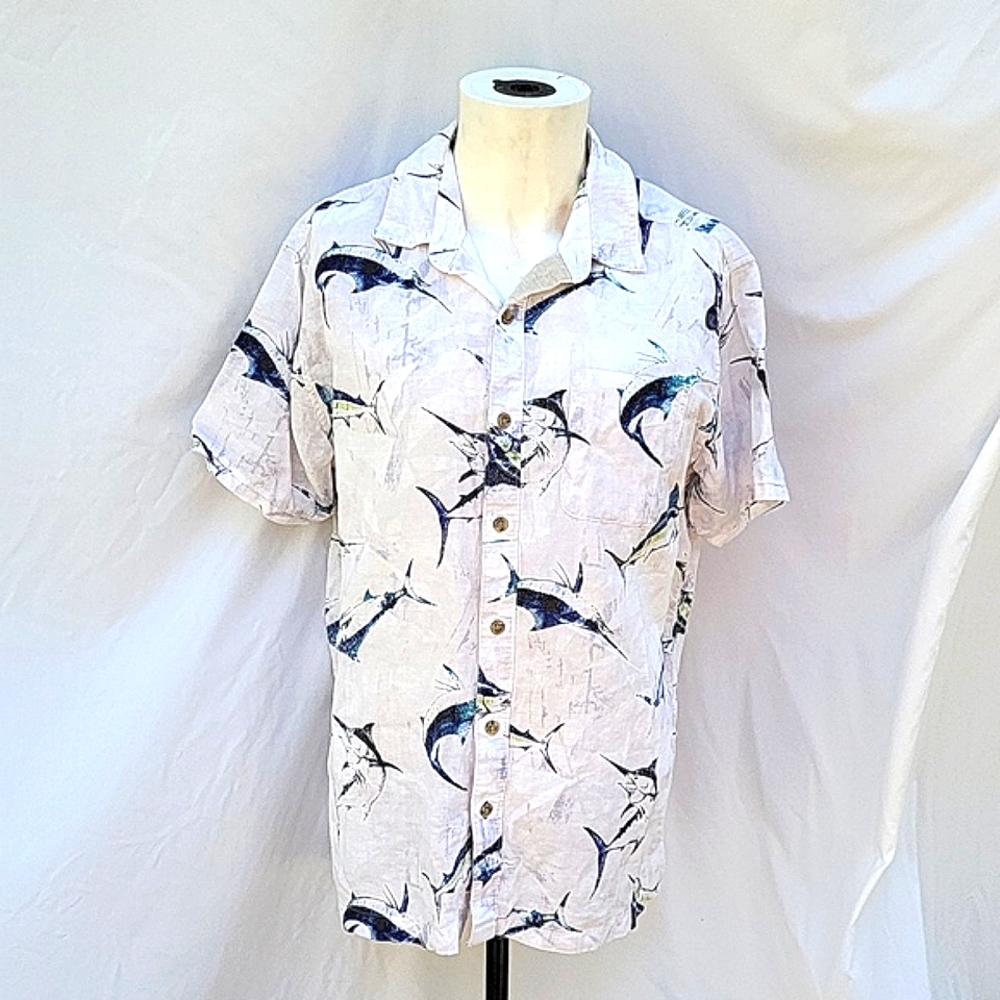 Men's Eddie Bauer short sleeve shirt, button front, Marlin print, sz L